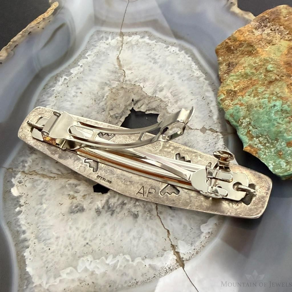 Signed Vintage Sterling Silver Native American Onyx Stamped Hair Barrette For Women