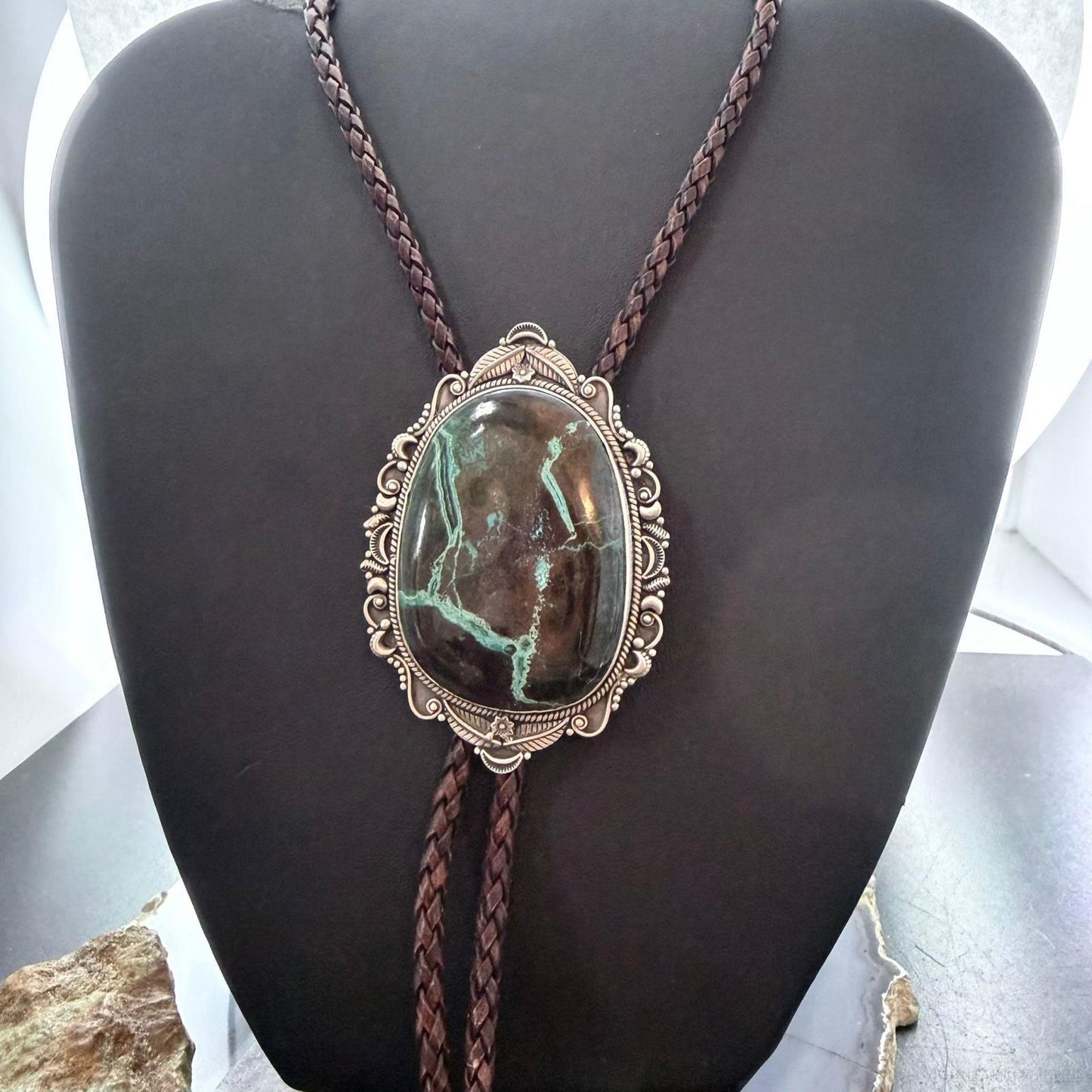 Sterling Silver Southwestern Style Oval Large Blackjack Turquoise Bolo Tie For Men