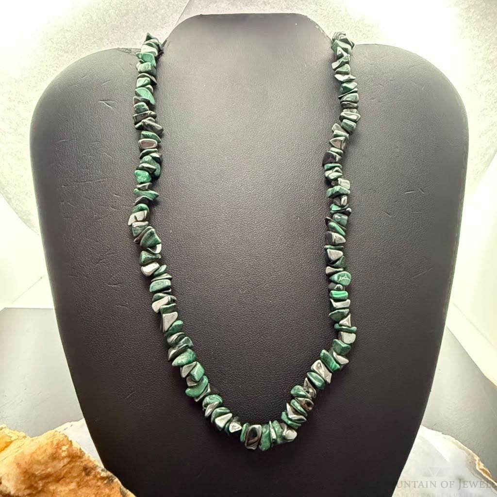 Vintage Natural Malachite & Hematite 34" Necklace For Women
