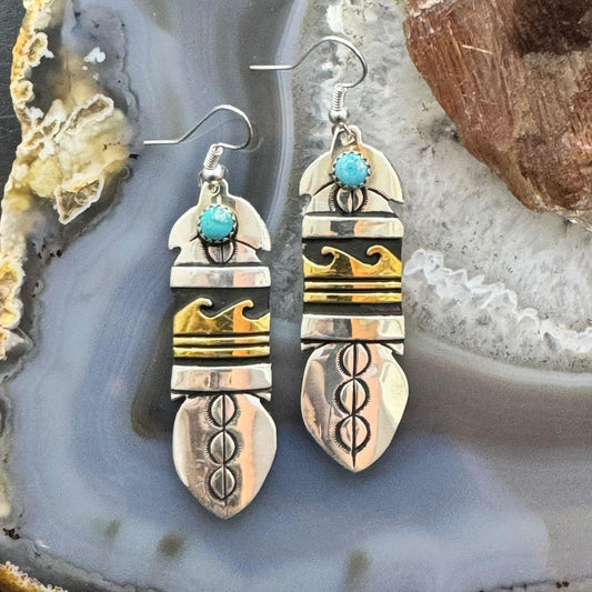 Tommy & Rosita Singer Sterling Silver & Gold Filled Turquoise Dot Feather Dangle Earrings For Women