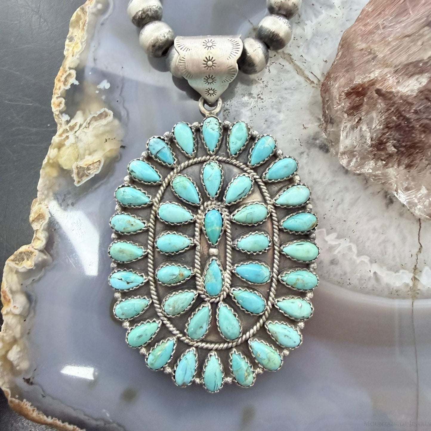 Sterling Silver Southwestern Style Turquoise Decorated Large Cluster Pendant For Women