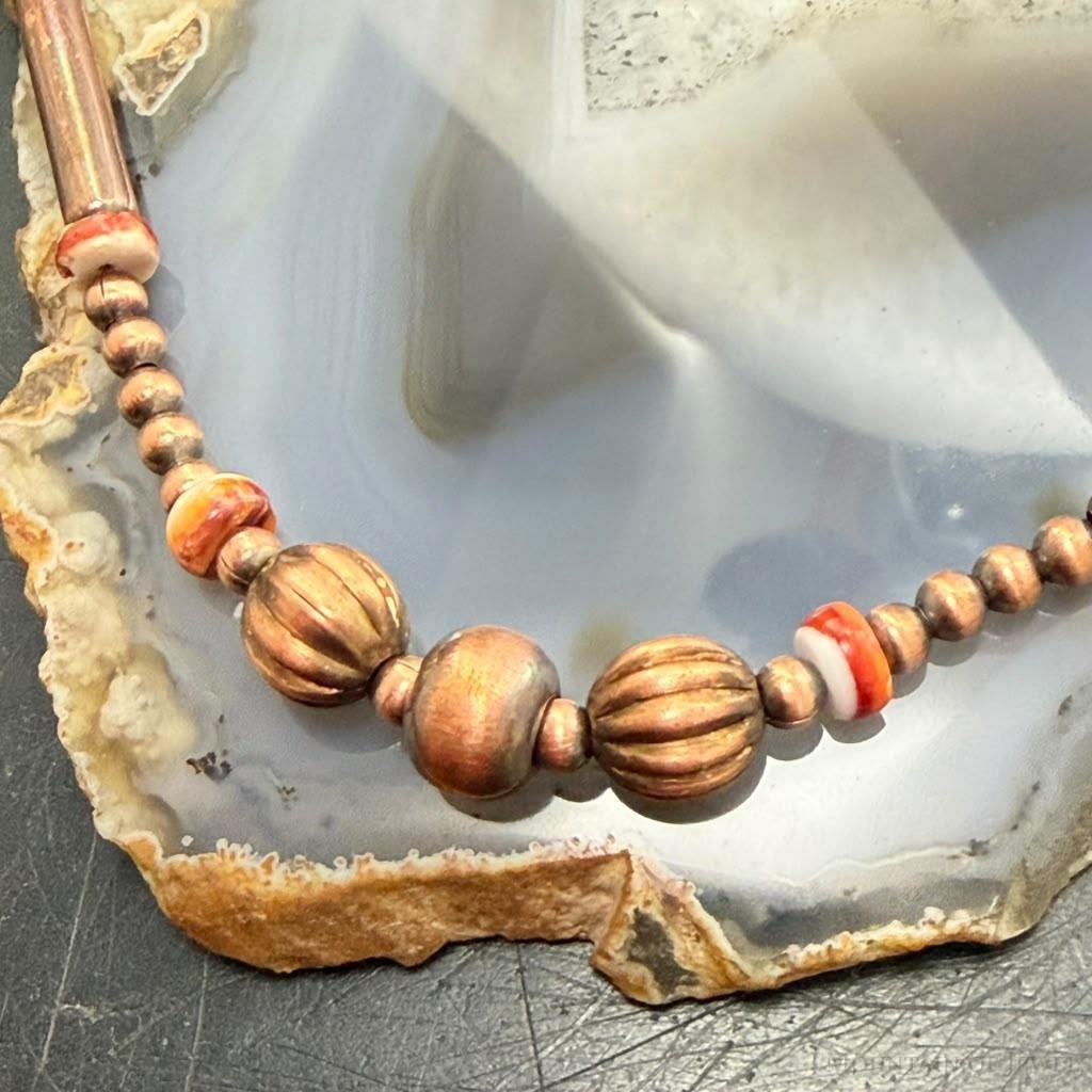 Copper Navajo Pearl Round & 25mm Cylinder & 6mm Spiny Oyster Beads 20" Necklace For Women