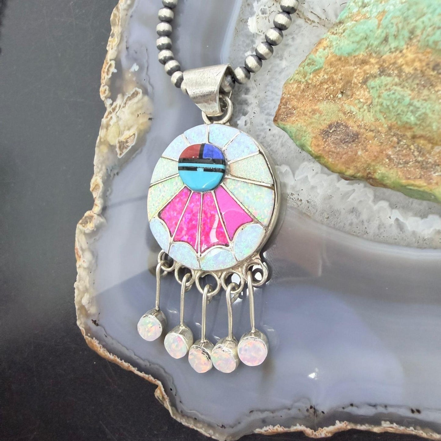 Amy Quandelacy Zuni Sterling Silver Sunface Opal,Turquoise,Coral Decorated Pendant