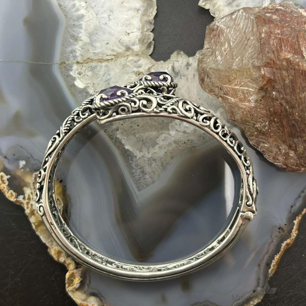Carolyn Pollack Sterling Silver Faceted Amethyst Overlapping Decorated Hinged Bracelet