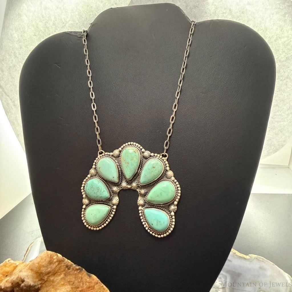 Sterling Silver Southwestern Style 7 Teardrop Royston Turquoise Naja Necklace For Women