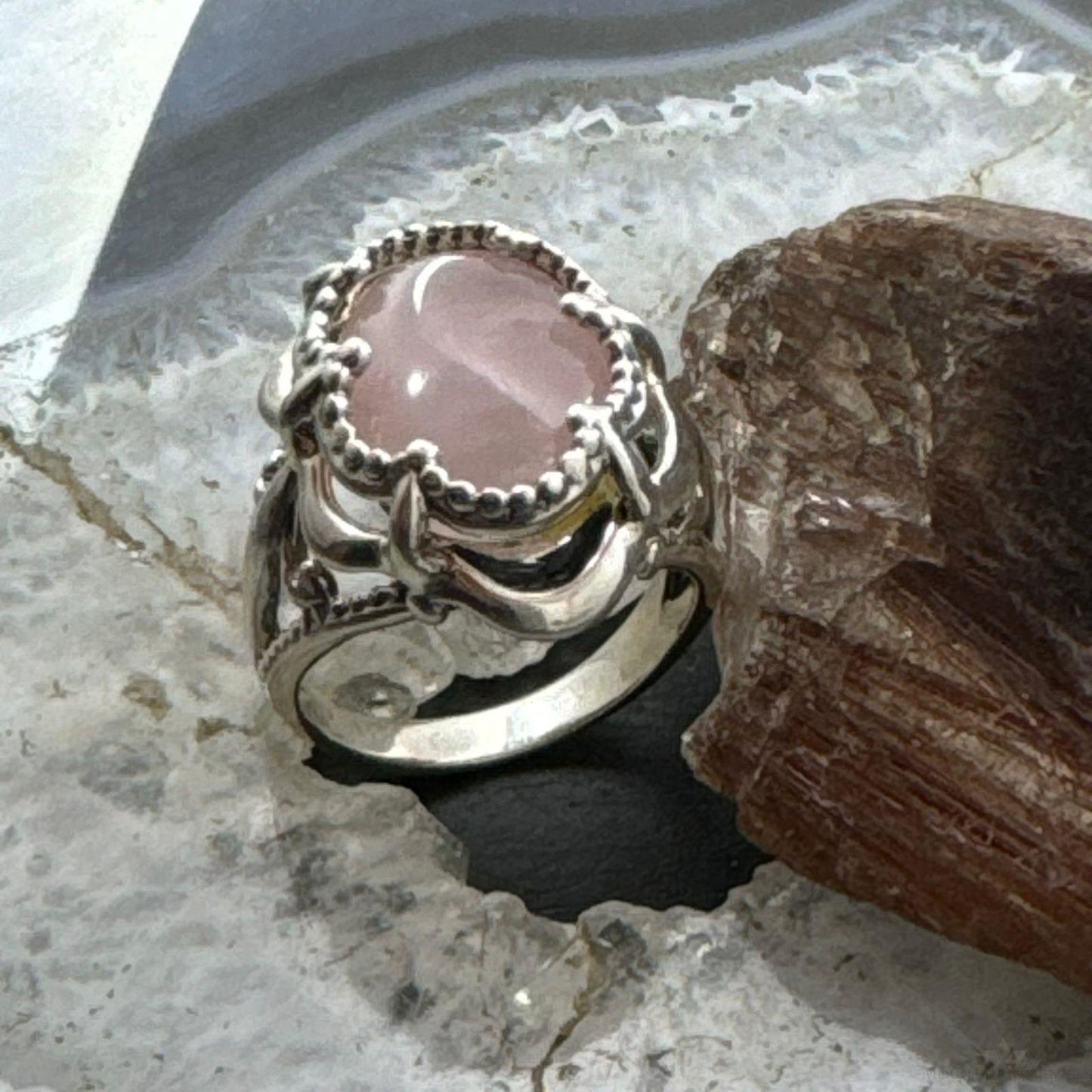 Carolyn Pollack Sterling Silver Oval Rose Quartz Decorated Ring Size 10 For Women