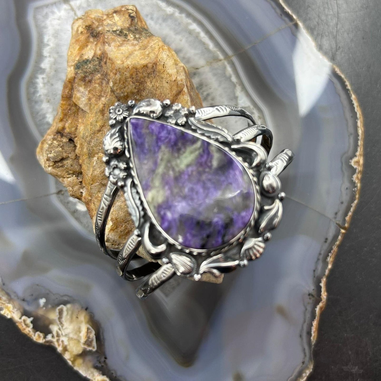 Sterling Silver Southwestern Style Large Teardrop Charoite Bracelet For Women