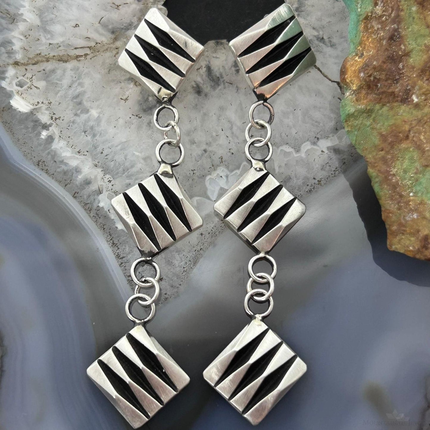 Leander Tahe Native American Sterling Silver 3 Square 3D Geometric Dangle Earrings For Women