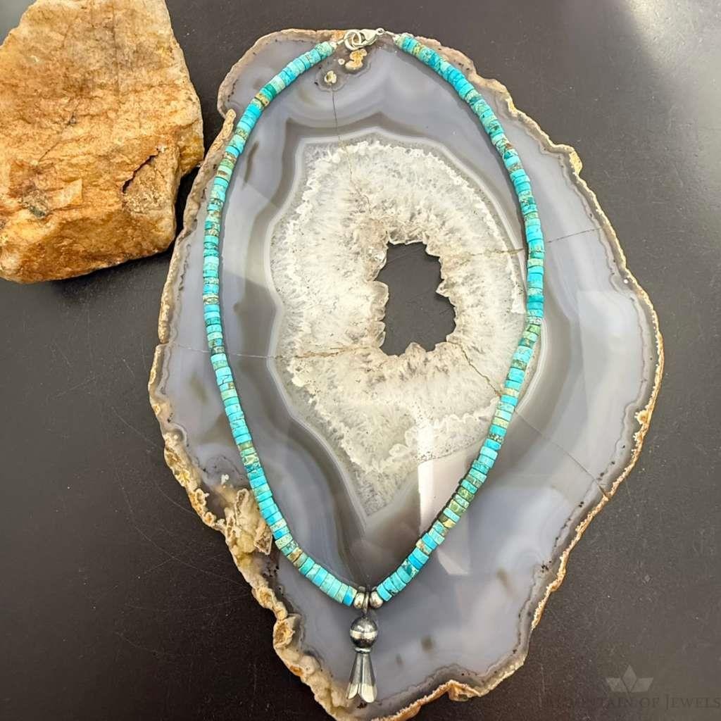 Sterling Silver Turquoise & Navajo Pearl Beads With Squash Blossom Necklace