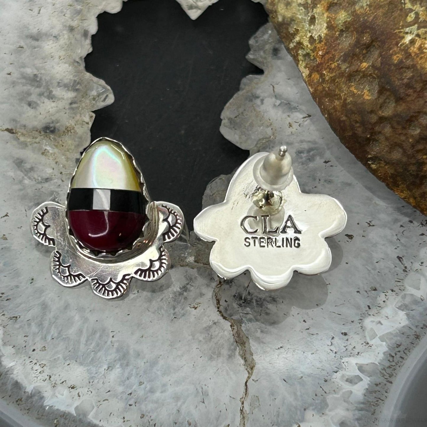 Clifton Aguilar Sterling Silver Teardrop Multistone Inlay Stud Earrings For Women #1