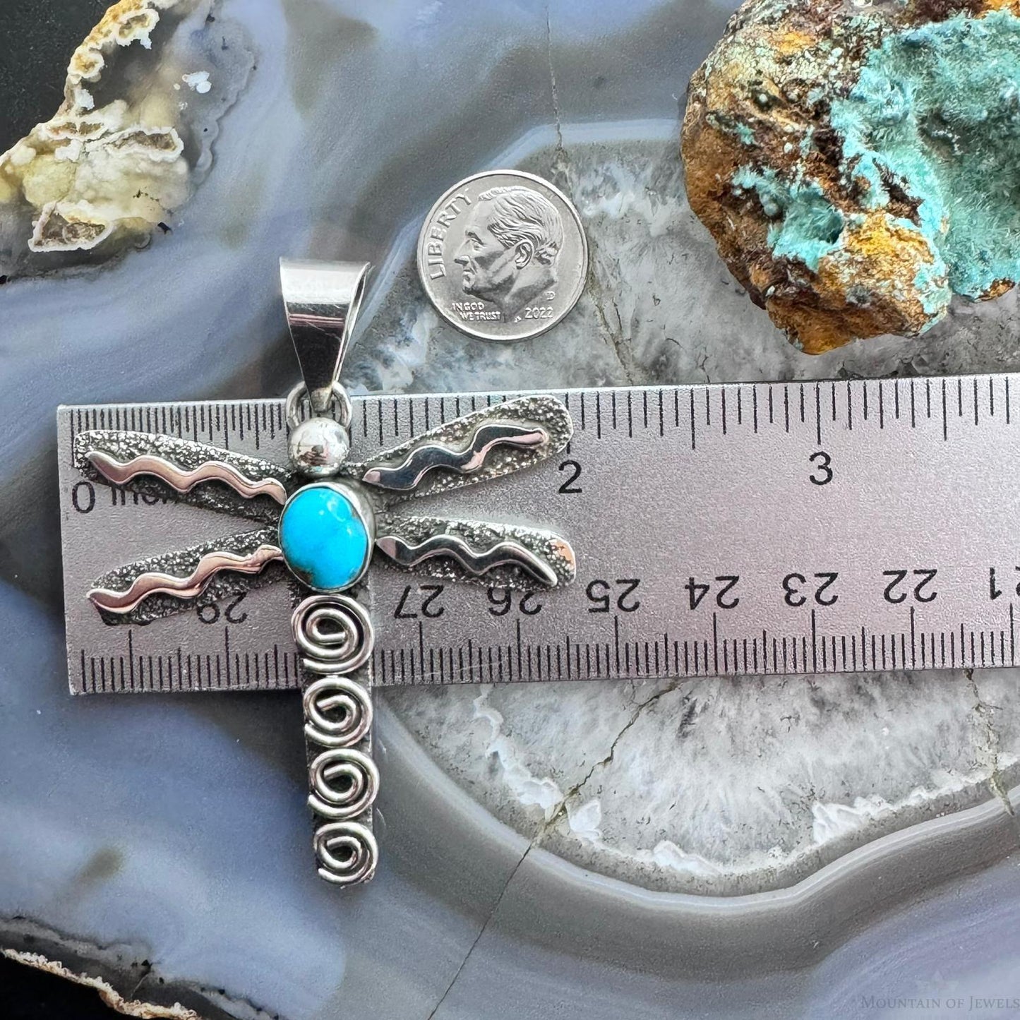 Alex Sanchez Native American Sterling Silver Turquoise & Petroglyph Dragonfly Unisex Pendant