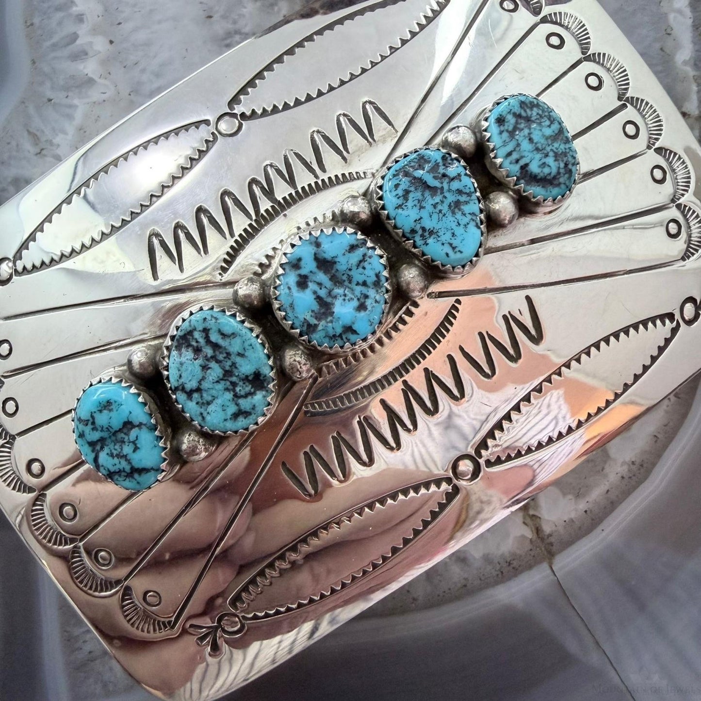 Joann Begay Native American Sterling Silver 5 Turquoise Stamped Belt Buckle For Men