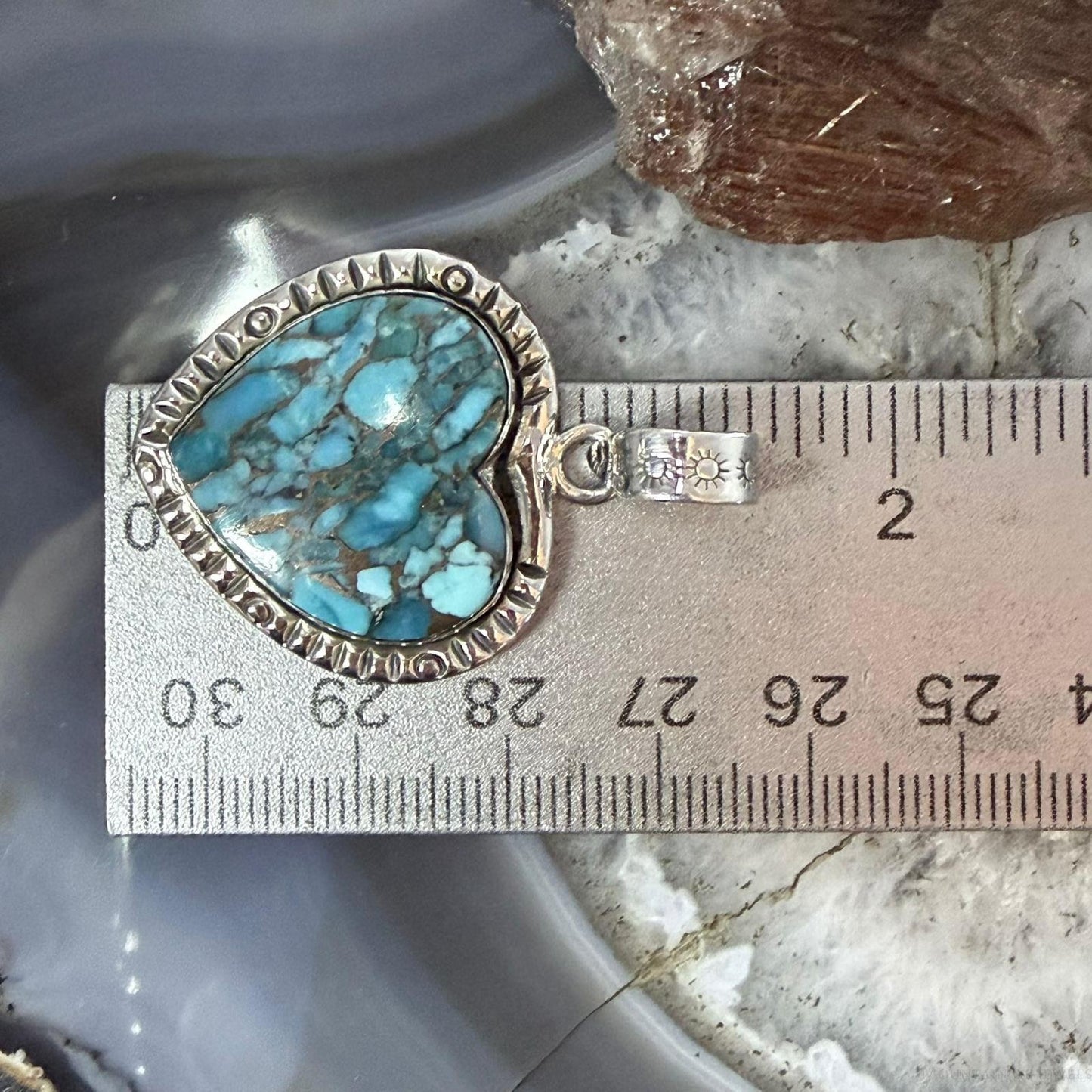 Sterling Silver Southwestern Style Blue Turquoise Dahlia Heart Pendant For Women