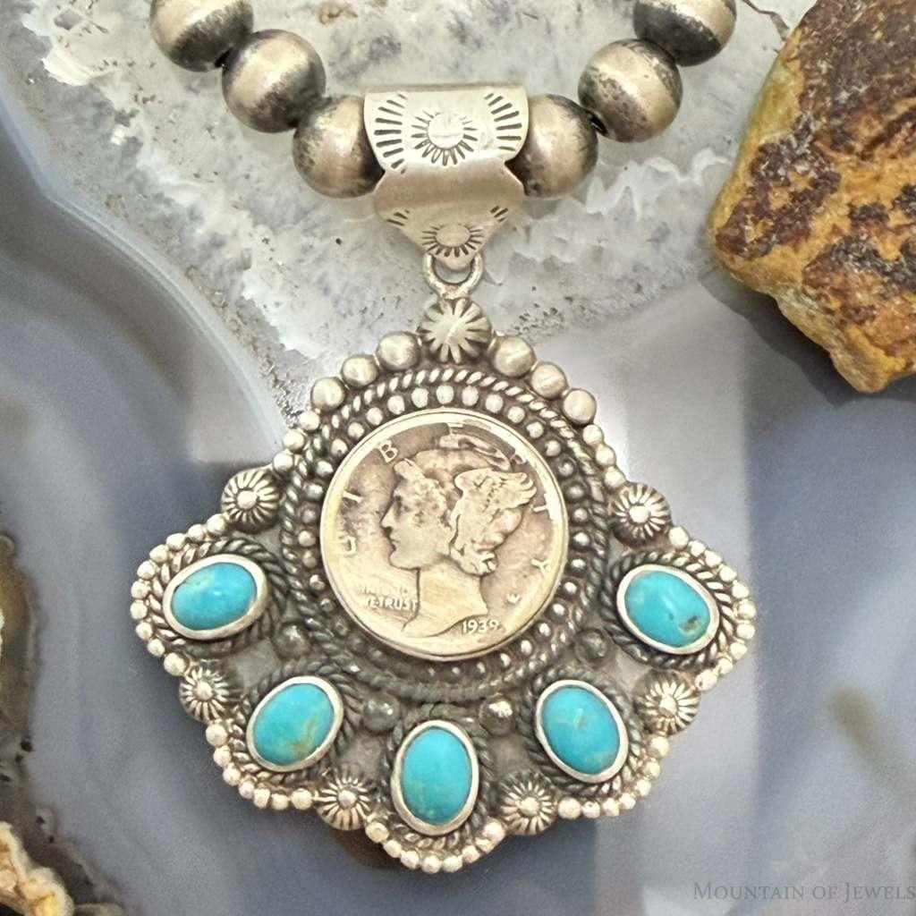 Sterling Silver Southwestern Style 1939 Mercury Dime & Kingman Turquoise Pendant