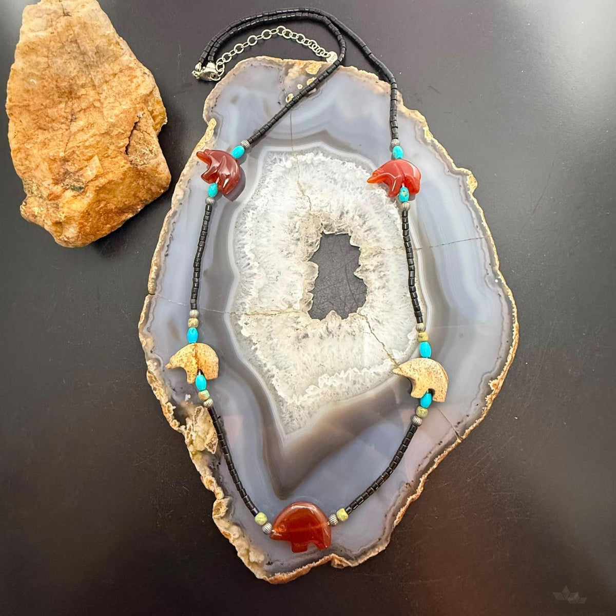 Shube Dakota West Fetish Bear Onyx & Turquoise Beads 24"-27" Necklace For Women