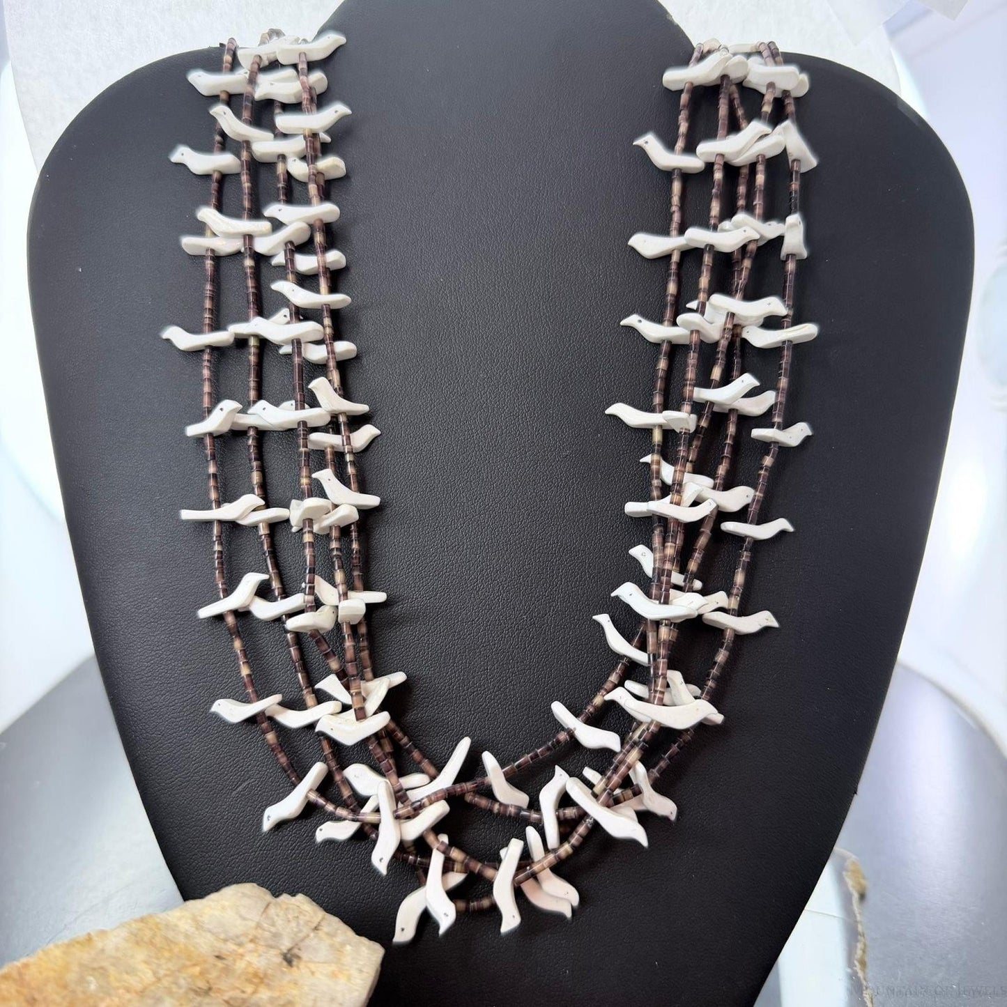 Vintage native American Sterling Silver 5 Strands White Shell Carved Fetish Bird Necklace For Women