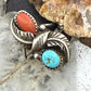 Vinatge Native American Silver Coral & Turquoise Leaf Ring Size 7.5 For Women