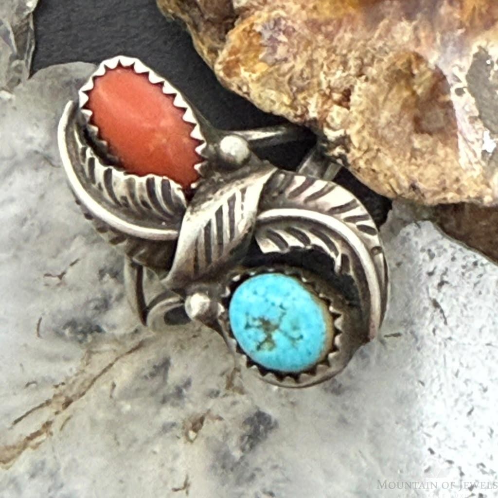 Vinatge Native American Silver Coral & Turquoise Leaf Ring Size 7.5 For Women