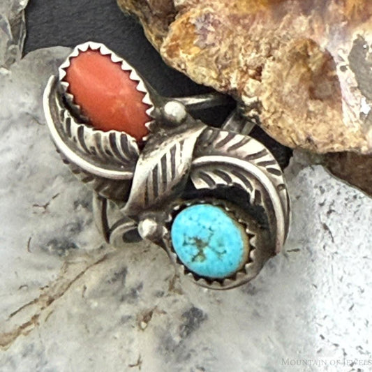 Vinatge Native American Silver Coral & Turquoise Leaf Ring Size 7.5 For Women