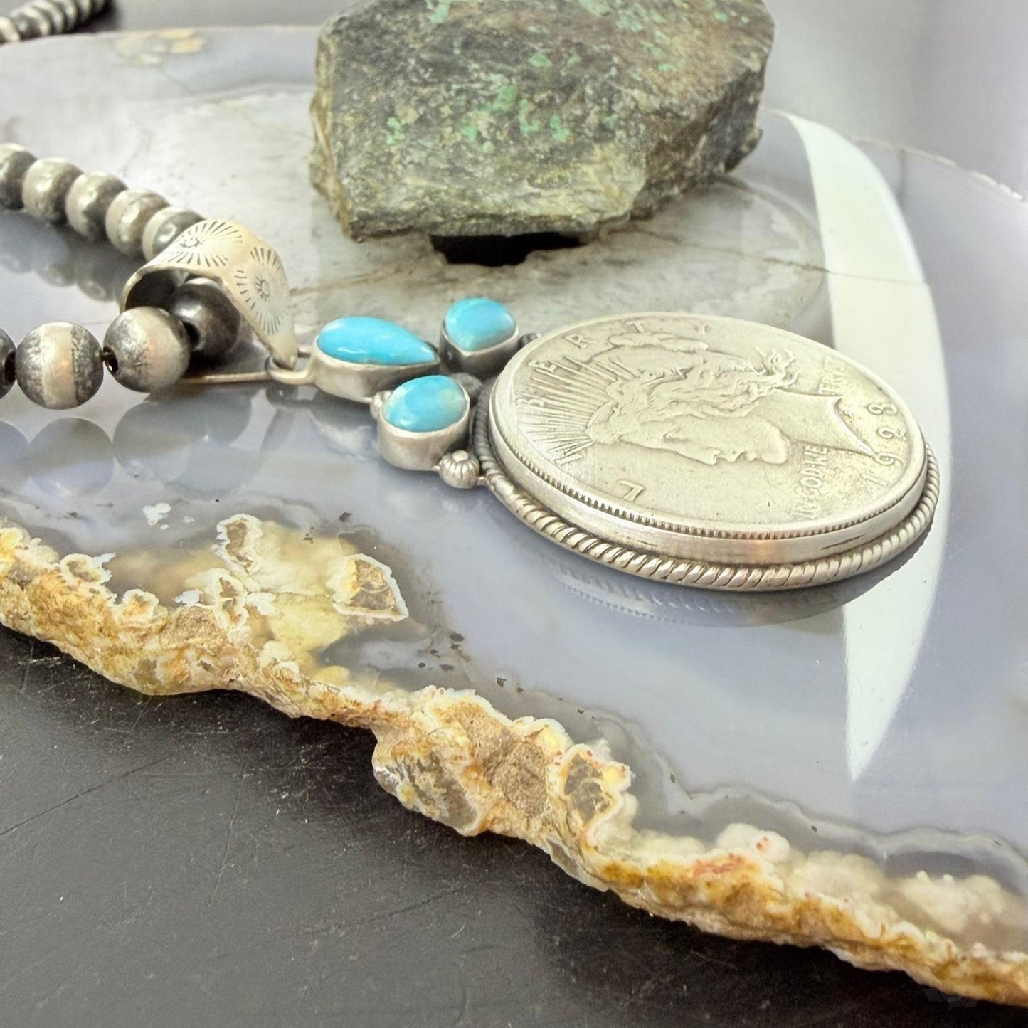 Genuine 1923 90% Peace Silver Dollar Coin Teardrop Turquoise Decorated Pendant