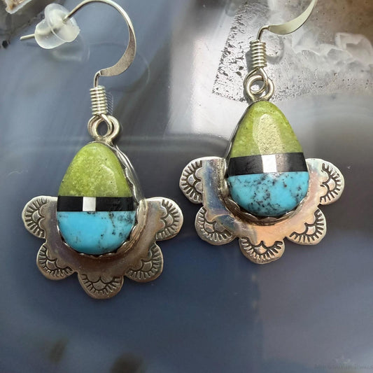 Clifton Aguilar Sterling Silver Teardrop Multistone Inlay Dangle Earrings For Women