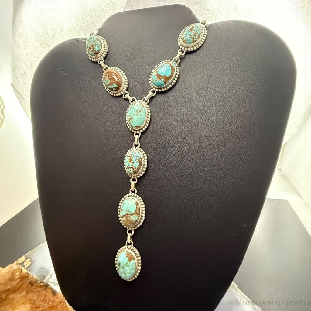 Sterling Silver Southwestern Style Oval Turquoise #8 Lariat 28" Necklace For Women