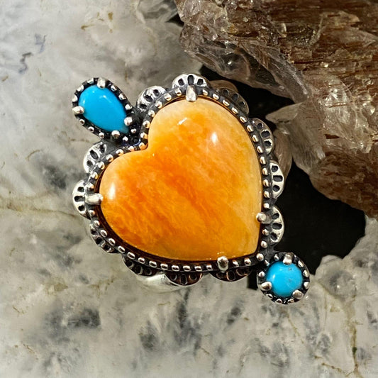 Carolyn Pollack Sterling Silver Orange Spiny Oyster Heart & Turquoise Decorated Ring For Women, Variety of Sizes