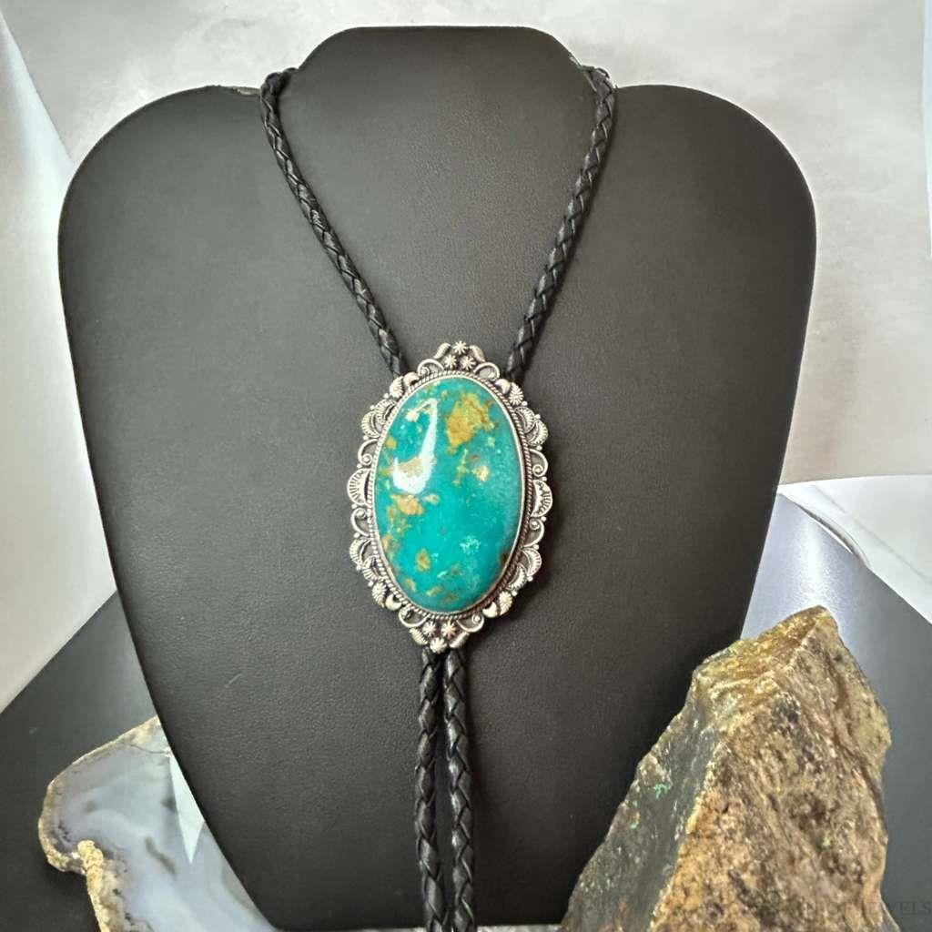 Sterling Silver Southwestern Style Large Oval Turquoise Decorated Bolo Tie For Men