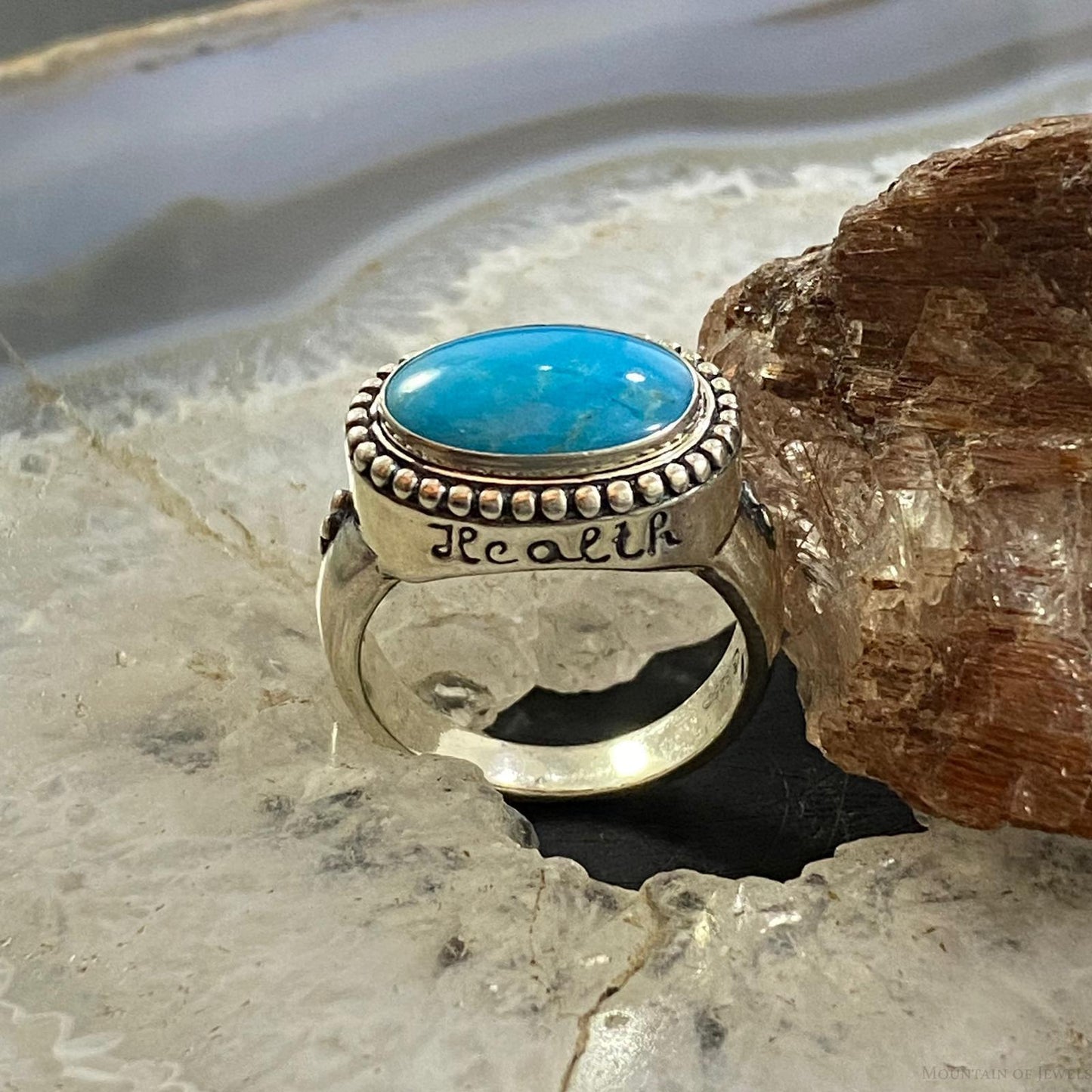 Carolyn Pollack Southwestern Style Sterling Silver Horizontally Mounted Oval Turquoise Decorated Ring For Women