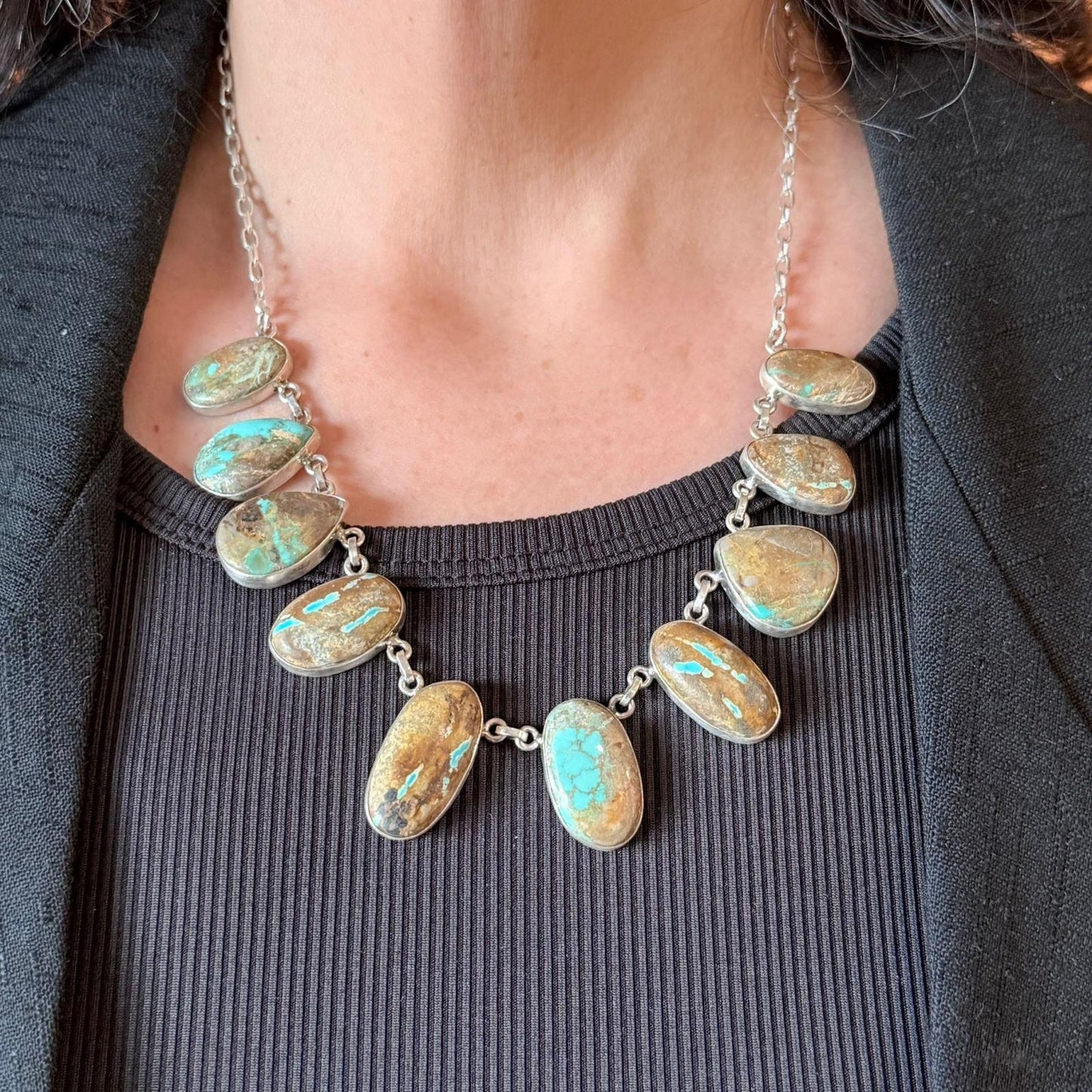 Sterling Silver Southwestern Style Boulder Ribbon Turquoise 18" Necklace For Women