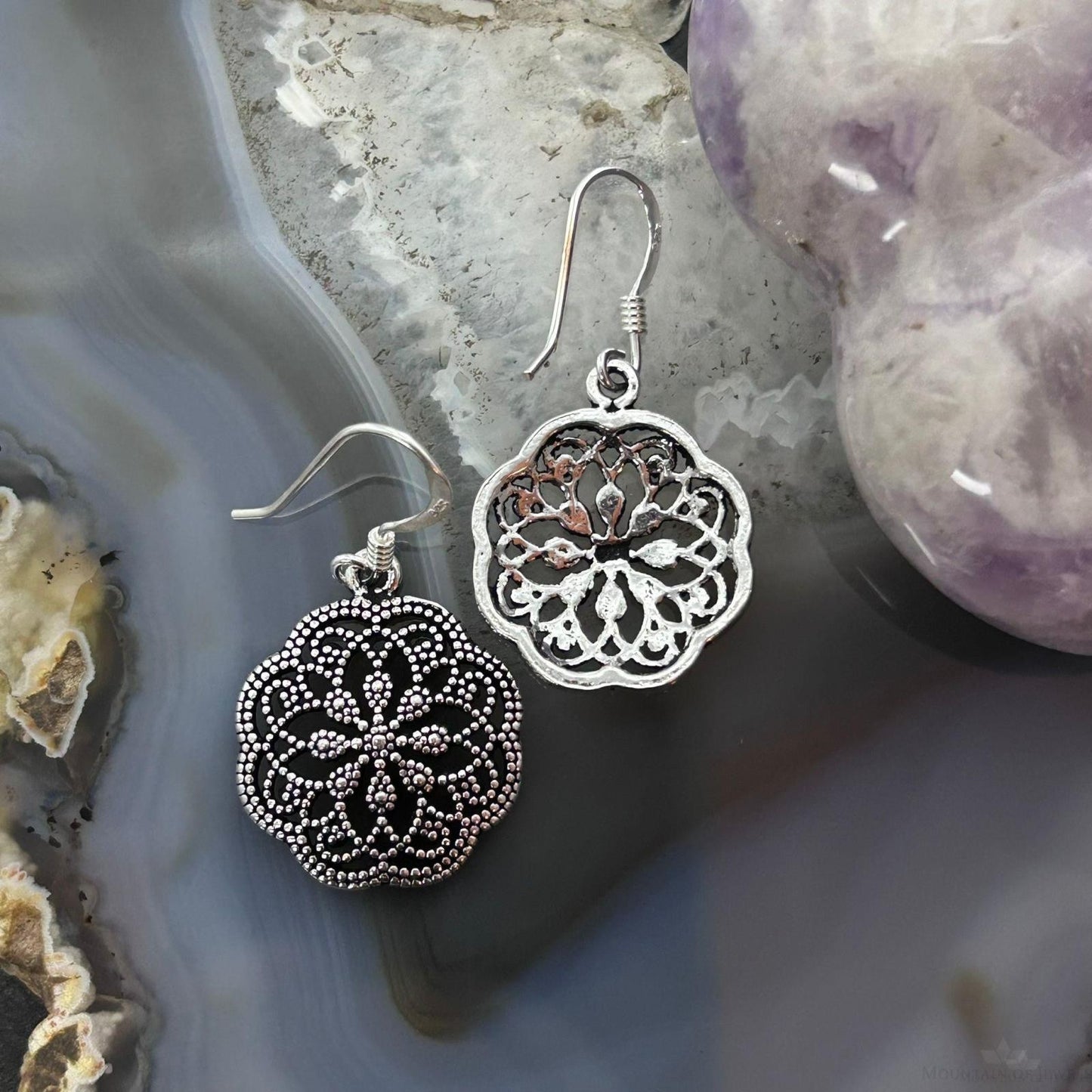Sterling Silver Lattice Floral Design Dangle Earrings For Women