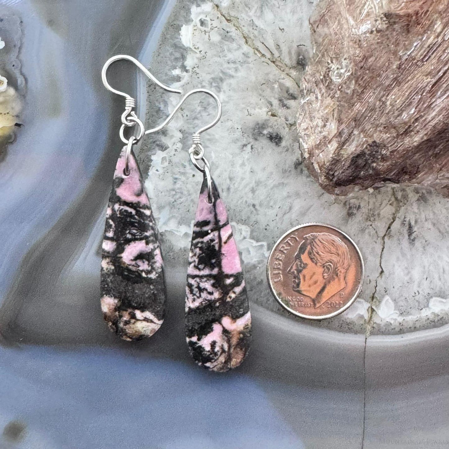 Sterling Silver Elongated Teardrop Rhodonite Slab Dangle Earrings For Women #233