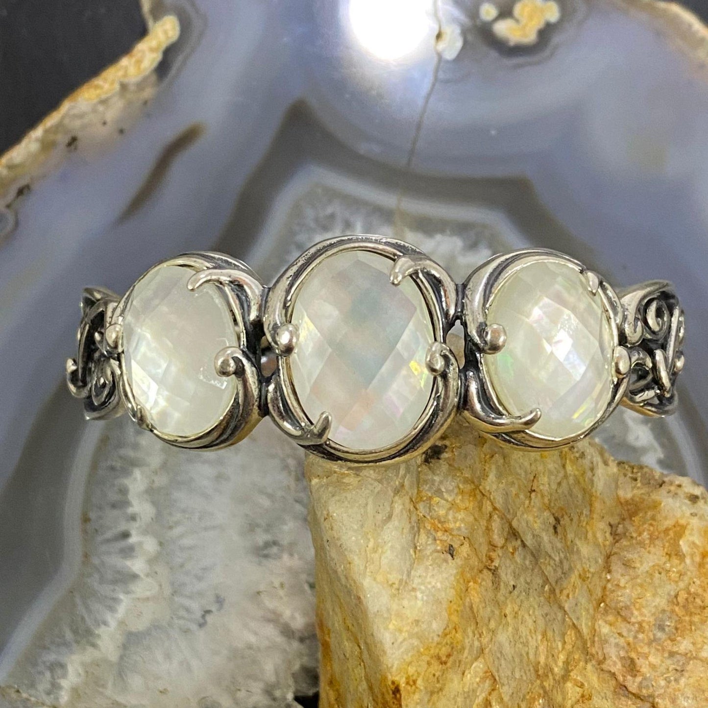 Carolyn Pollack Sterling Silver 3 Oval Faceted Mother of Pearl Doublet Bracelet For Women