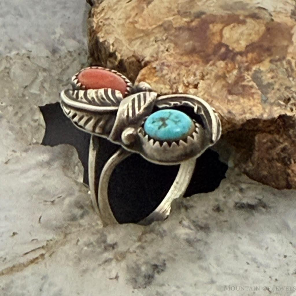 Vinatge Native American Silver Coral & Turquoise Leaf Ring Size 7.5 For Women