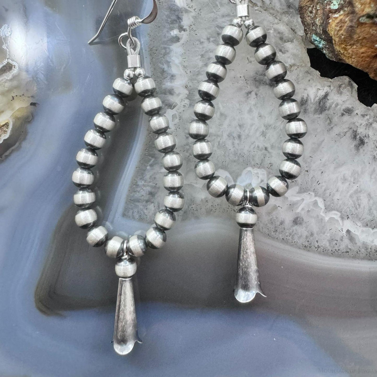 Navajo Pearl Beads 3 mm W/Squash Blossom Sterling Silver Dangle Earrings For Women