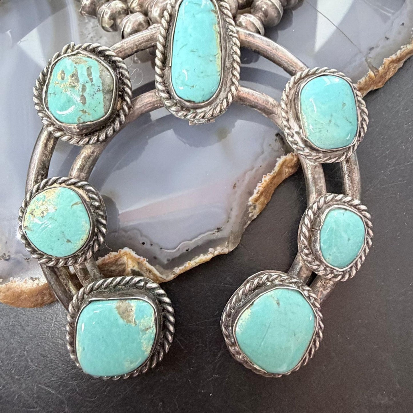 Vintage Native American Sterling Silver Kingman Turquoise Squash Blossom For Women