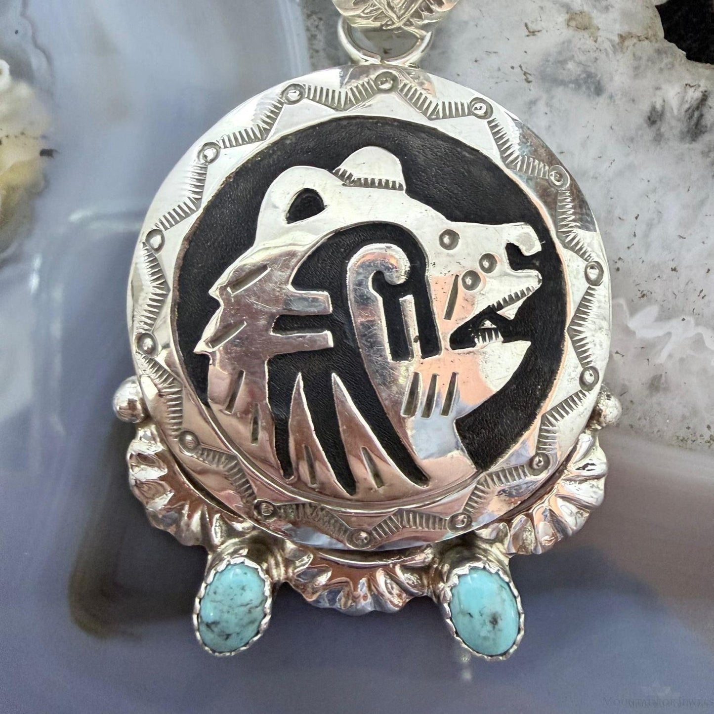 Alonzo Mariano Native American Sterling Silver Overlay Fetish Bear w/Turquoise Unisex Pendant