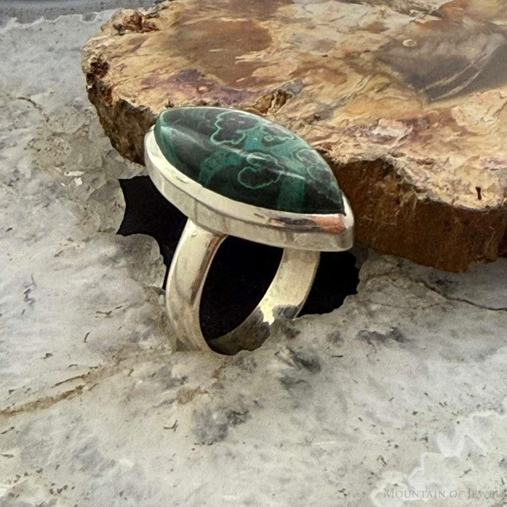 Sterling Silver Southwestern Style Marquise Malachite Ring Size 8 For Women
