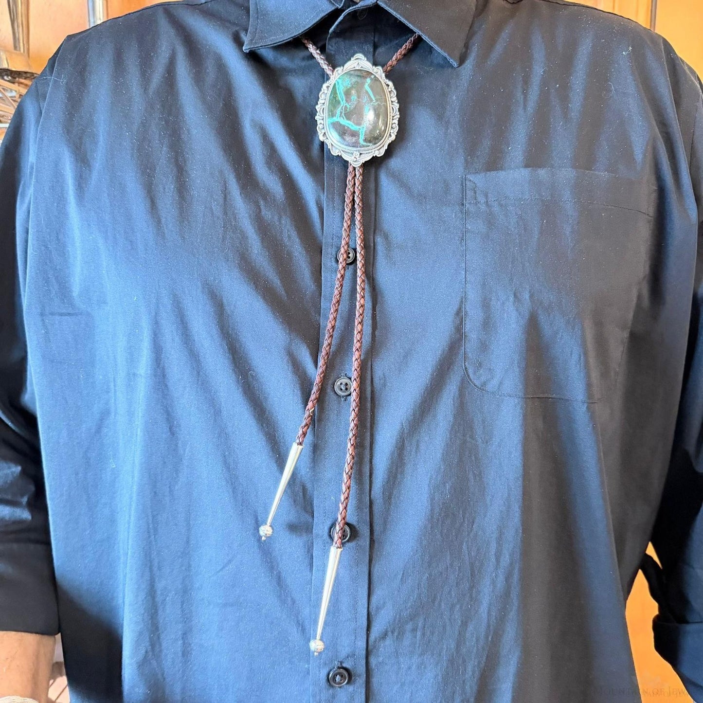 Sterling Silver Southwestern Style Oval Large Blackjack Turquoise Bolo Tie For Men
