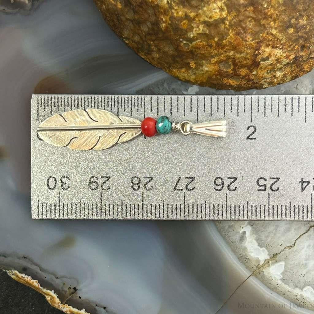 Anthony Gatewood Sterling Silver Turquoise & Coral Beads Feather Pendant For Women