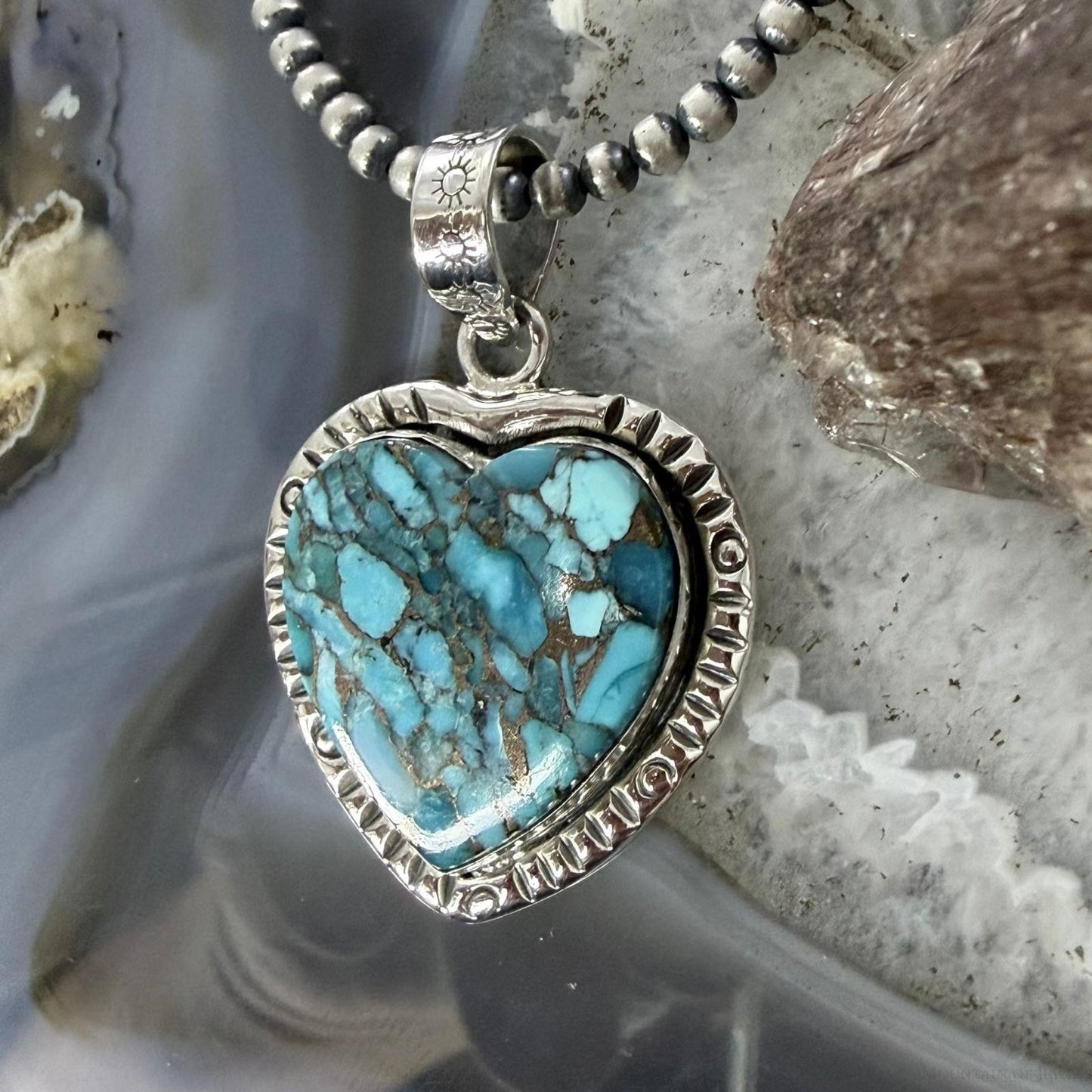 Sterling Silver Southwestern Style Blue Turquoise Dahlia Heart Pendant For Women