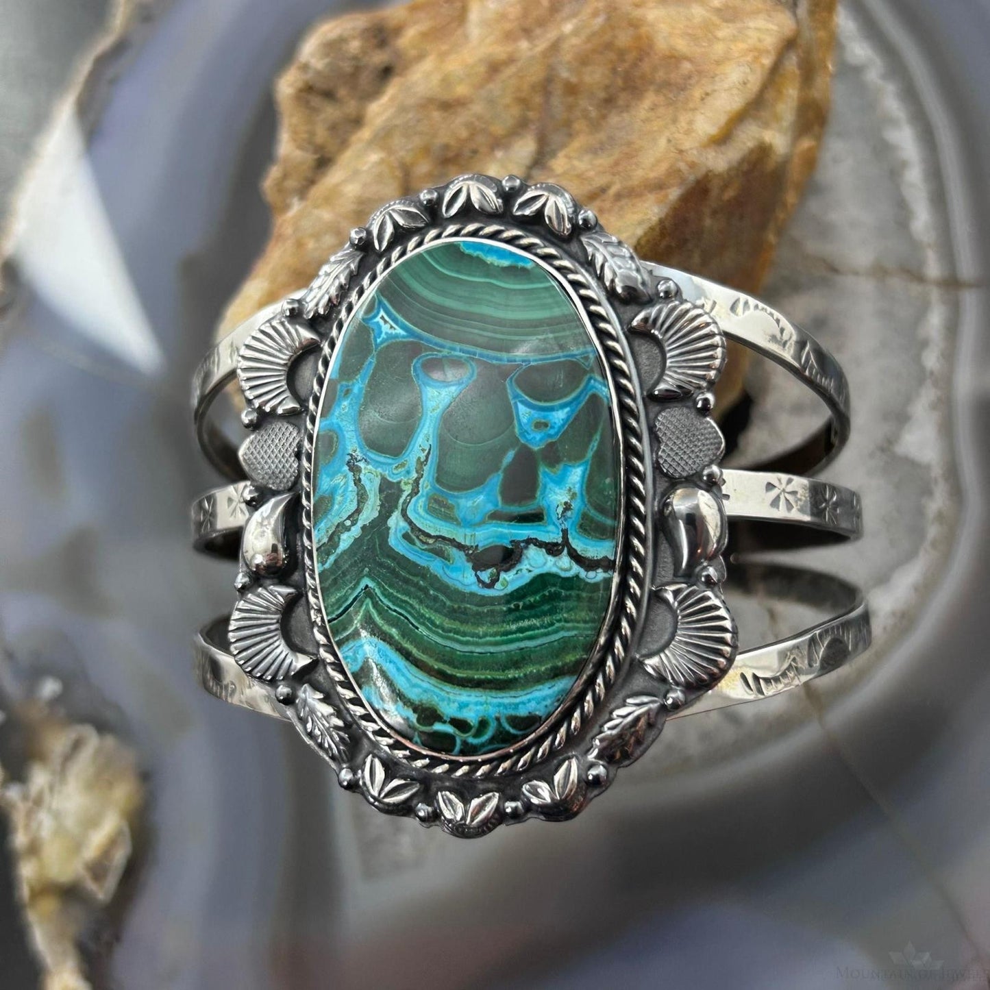 Sterling Silver Southwestern Style Large Oval Azurite Malachite Bracelet For Women