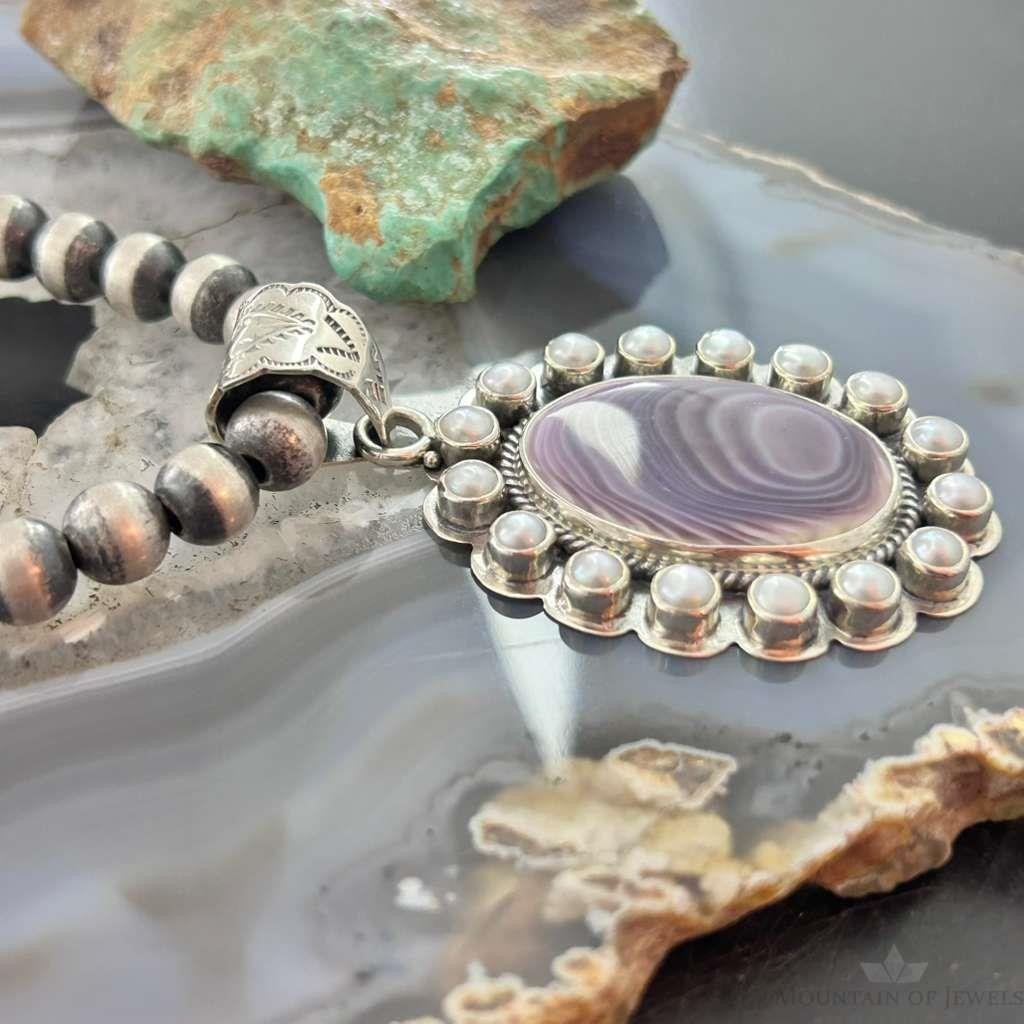 Native American Sterling Silver Oval Phosphosiderite W/Pearls Cluster Pendant For Women