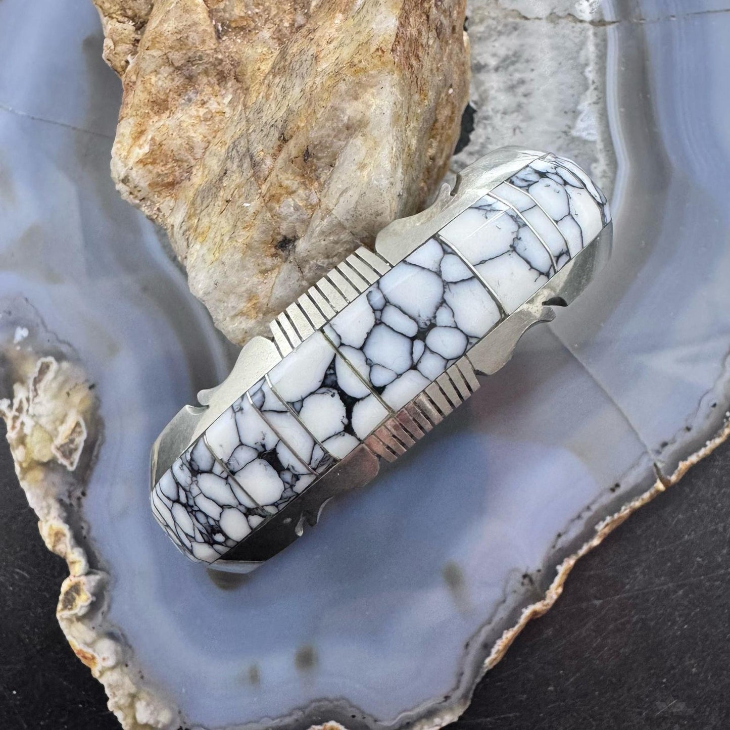 Steve Francisco Native American Sterling Silver White Buffalo Inlay Bracelet For Women