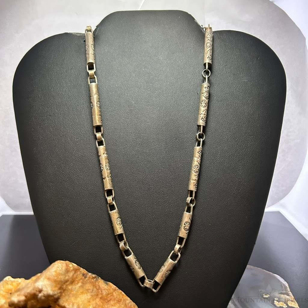 Vintage Silver Stamped Cylinder 24" Fashion Link Necklace For Women