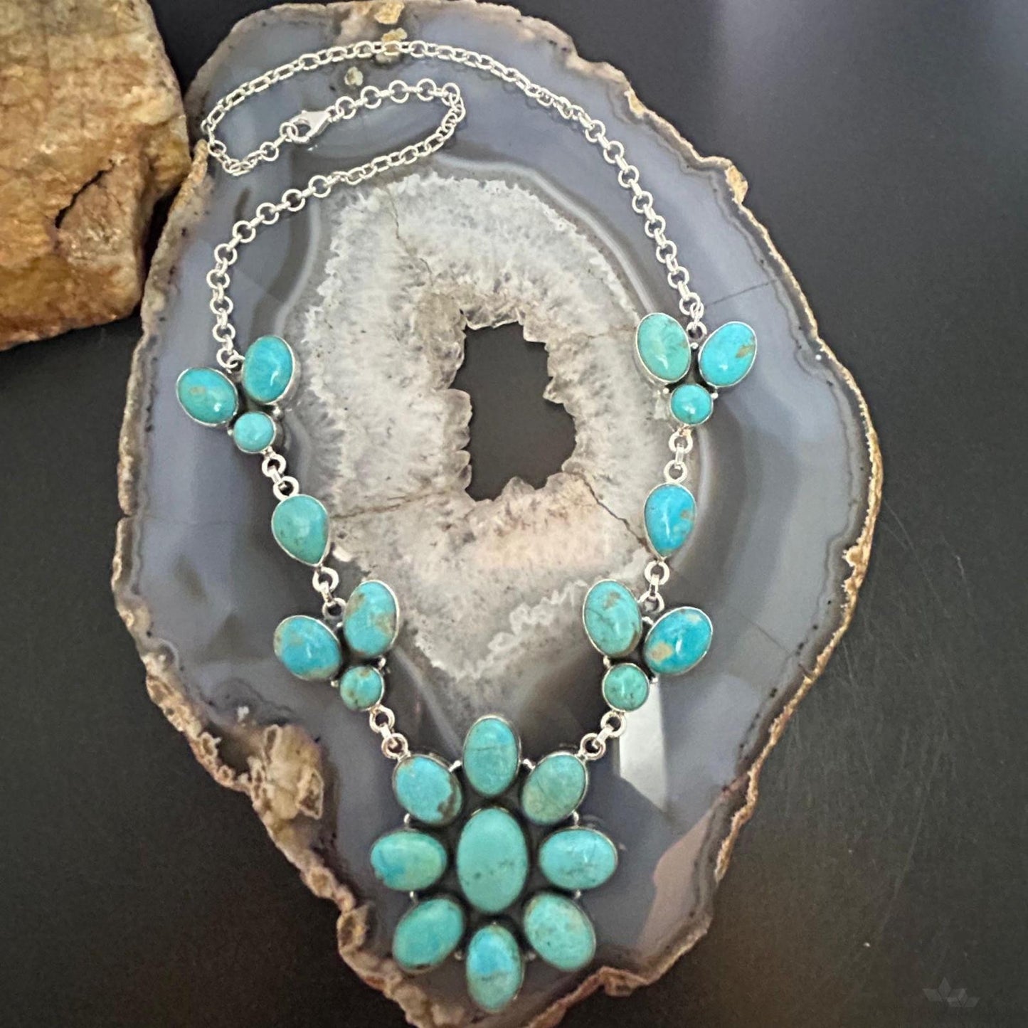 Sterling Silver Southwestern Style Royston Turquoise Cluster 18" Necklace For Women