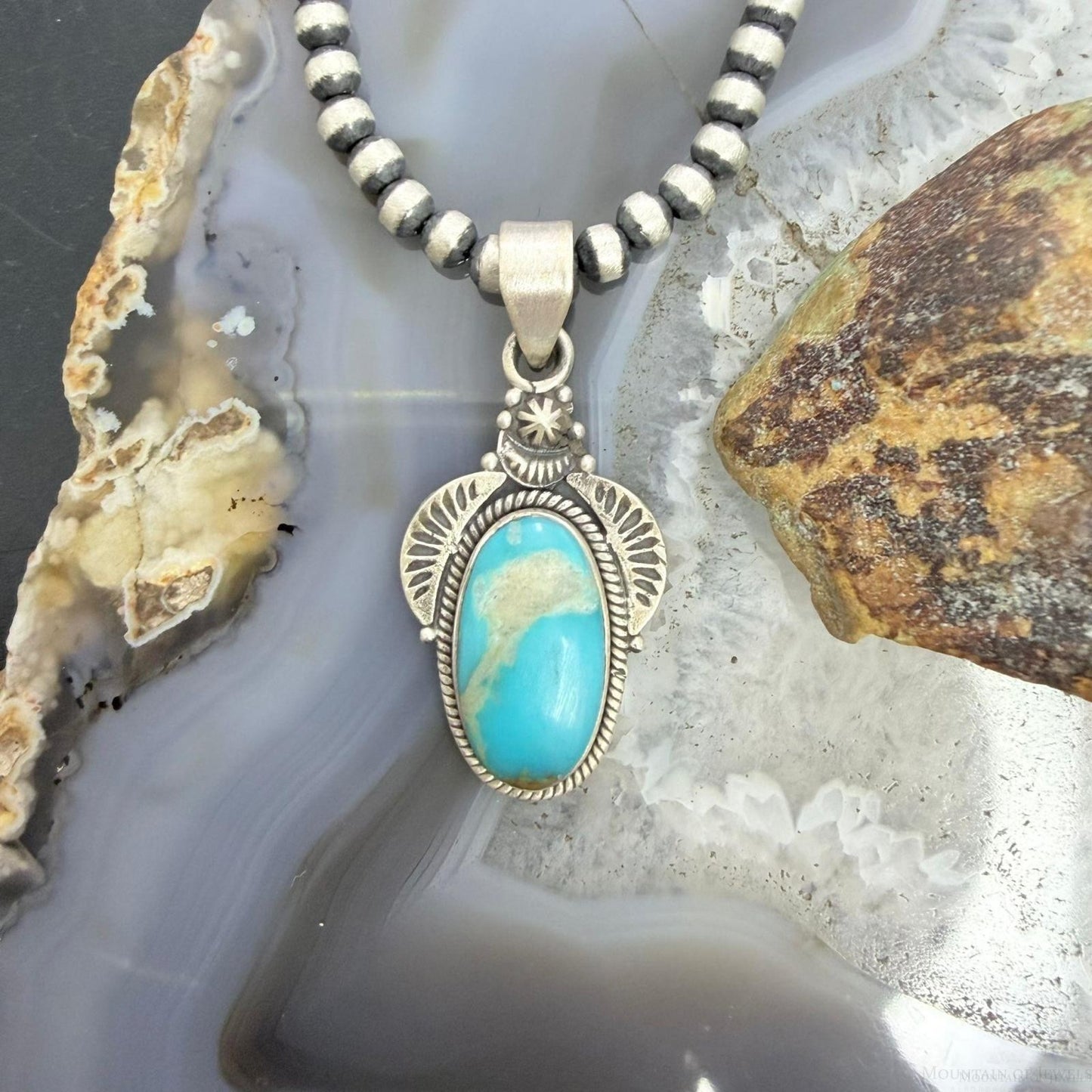 Sterling Silver Southwestern Style Oval Kingman Turquoise Decorated Pendant For Women