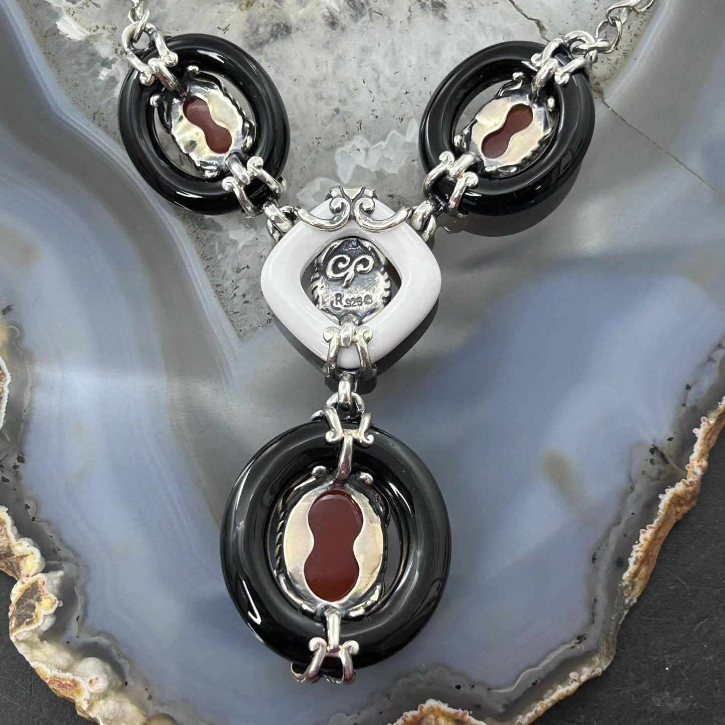 Carolyn Pollack Vintage Sterling Silver Black & White Jasper 16"-19" Necklace For Women