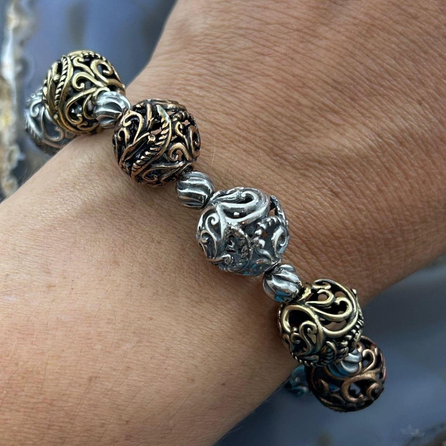 Carolyn Pollack Sterling Silver, Brass, Copper Decorated Swirl Beads Bracelet For Women