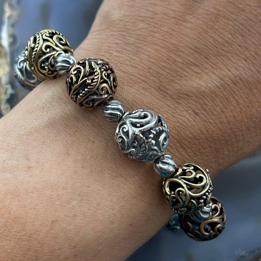 Carolyn Pollack Sterling Silver, Brass, Copper Decorated Swirl Beads Bracelet For Women